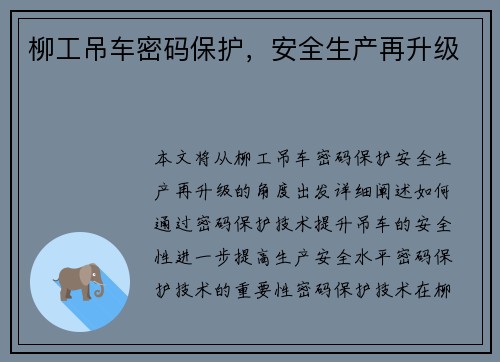 柳工吊车密码保护，安全生产再升级